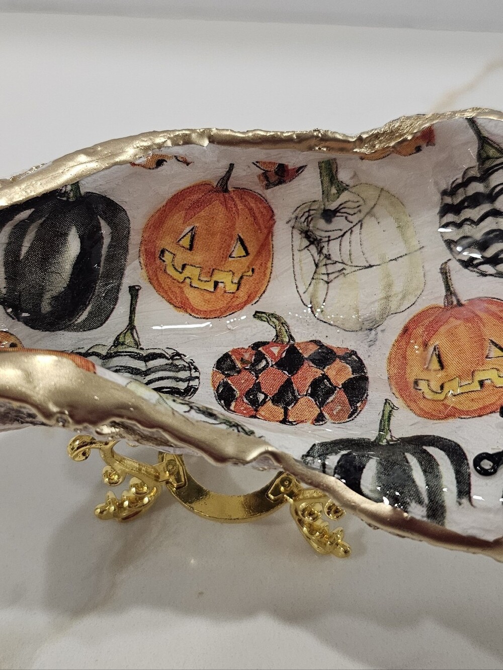 Decoupaged Handmade Oyster Shell Halloween Ring Dish Or Trinket Jewelry Holder